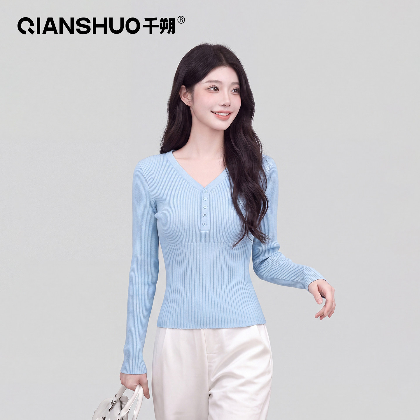 千朔韩系V领纽扣长袖针织衫女秋季新款修身打底衫高级感内搭上衣