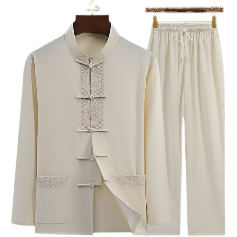 春秋季薄款唐装男长袖套装中老年中国风爸爸立领宽松老人爷爷衣服