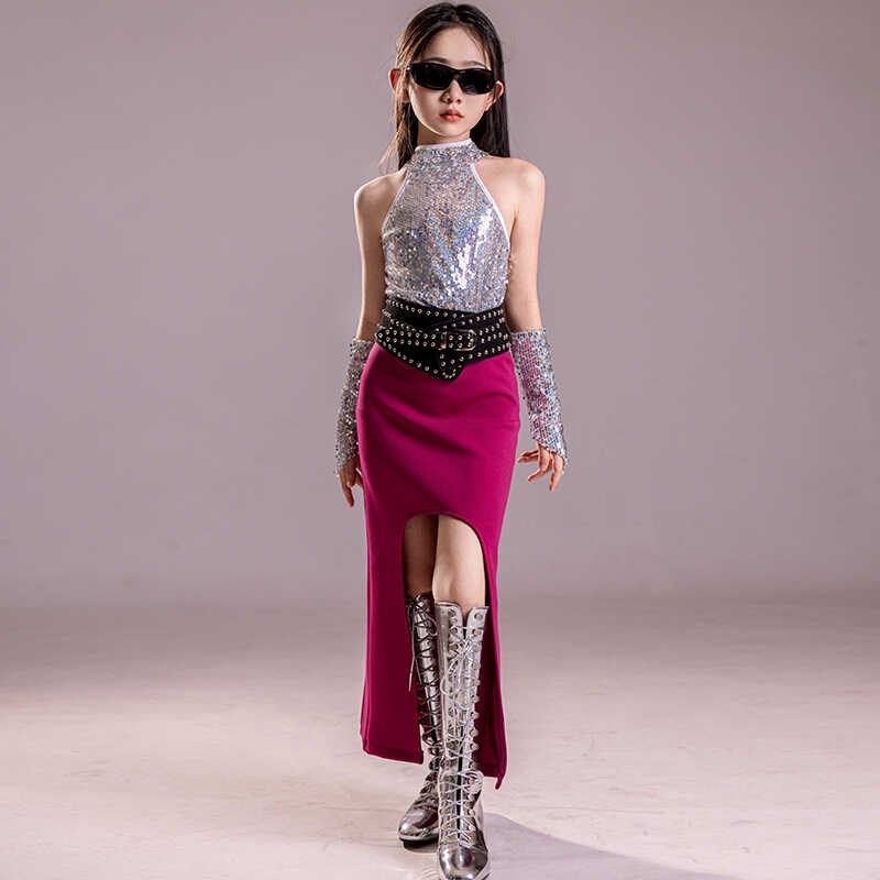 女童挂脖亮片上衣包臀半身裙套装模特T台个性走秀表演服女孩礼服