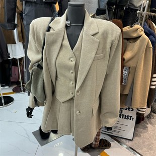 东大门小个子马甲百褶短裙三件套毛呢西装外套A字套装裙子女