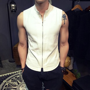 韩版 立领修身 拉链无袖 夏季 大码 a透气棉麻料马甲 坎肩 健身背 薄款