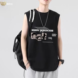 高街动漫坎肩无袖 宽松冰丝运动健身马甲潮 t恤背r心男重磅纯棉夏季
