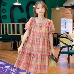 夏装 韩版 c短袖 孕妇裙夏季 网红裙子 方领格子连衣裙2024新款 孕妇装