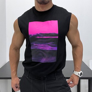 T恤背心肌肉潮男坎肩 H无袖 时髦印花微廓形 优良成衣直筒宽松修身