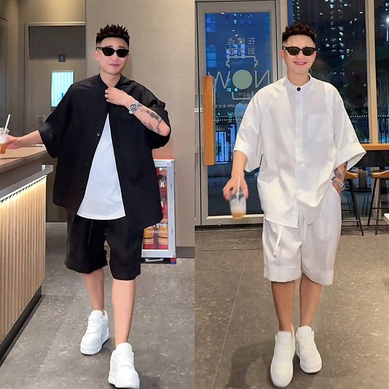 夏季薄款速干透气抗皱垂感休闲套装男F连帽中袖衬衫外套短裤两件