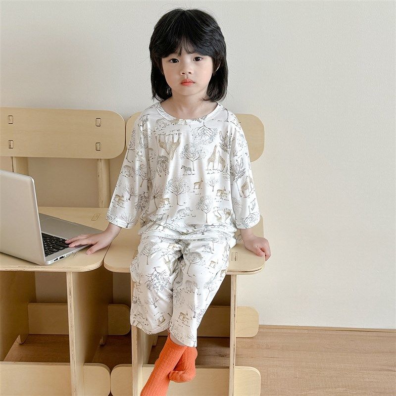 儿童夏季薄款睡衣优可丝七分袖套装男宝宝女孩凉爽透气家居空调服