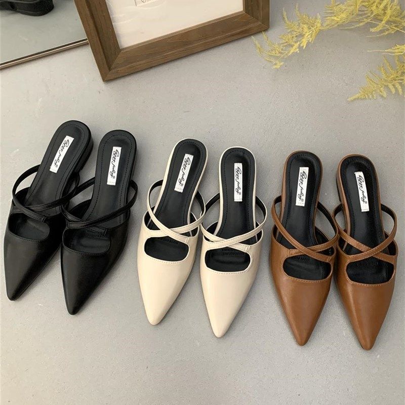 法式粗跟气质包头半拖鞋女鞋子外穿2025新款春夏季尖头复古风单鞋