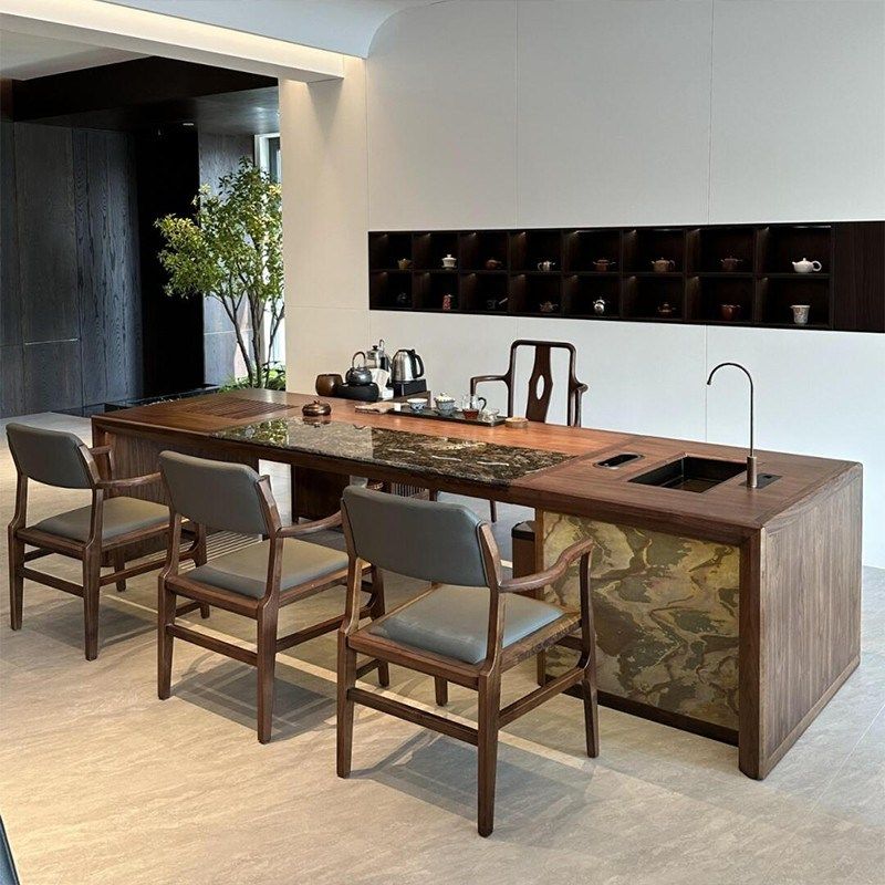 办公室新中式实木茶桌椅组合茶室茶台现代简约高端泡茶台黑胡桃木