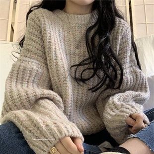 日系慵懒风重工毛衣女宽松v加厚冬季百搭套头圆领粗毛线外穿针织