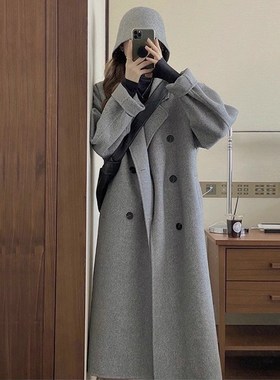 反季灰色毛呢外套女中长款2024冬季加厚爆款小个子呢子.大衣赫本
