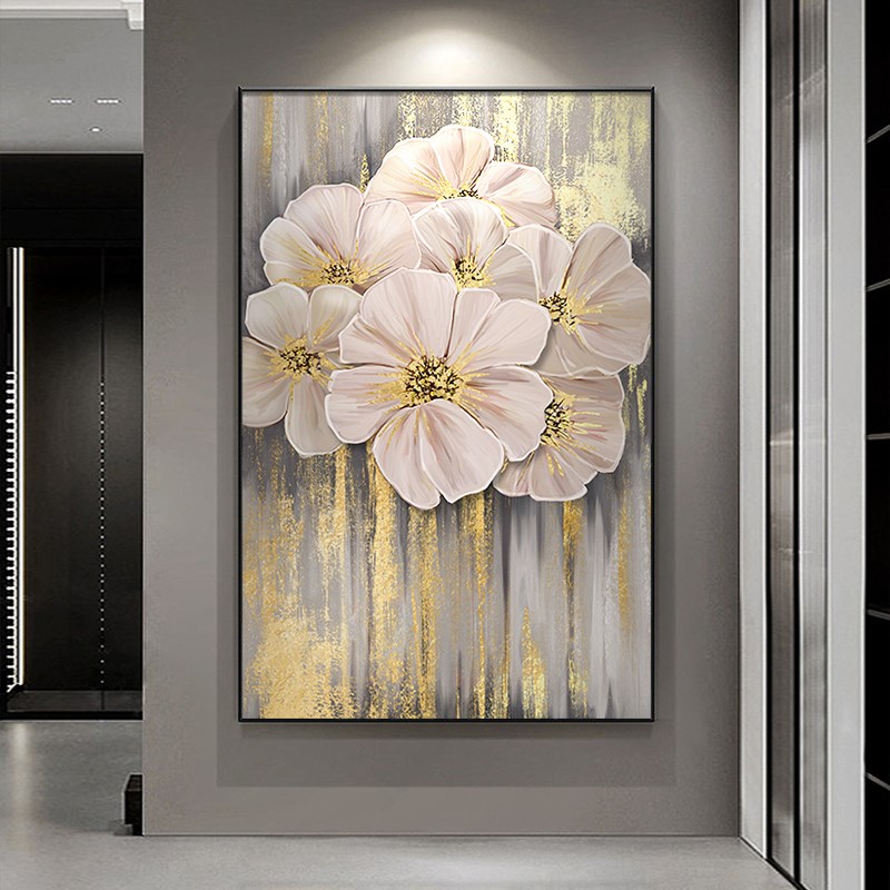 牡丹花大芬村油画纯手绘立体客y厅装饰画高级感入户玄关挂画落地图片