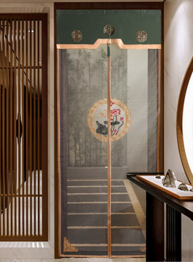 家用门帘防蚊中国风刺绣印花免打孔磁性纱帘隔断帘中式纱网遮挡帘