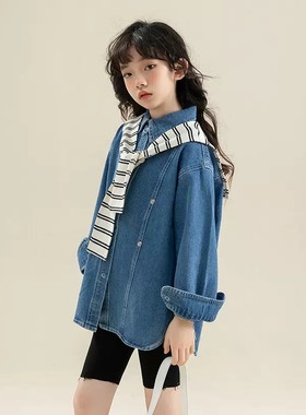 女童牛仔外套韩版春秋季儿童新款休闲衬衣女孩百搭宽松洋气上衣潮
