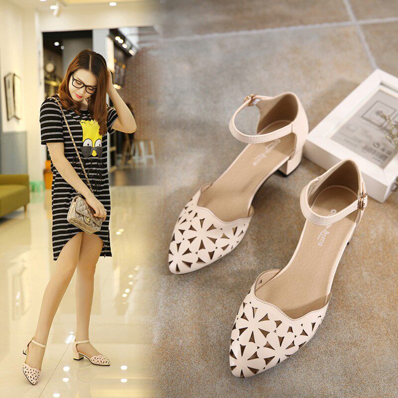 2021夏季新款软皮包头镂空粗跟百搭一字扣凉鞋女低跟中空韩版女鞋