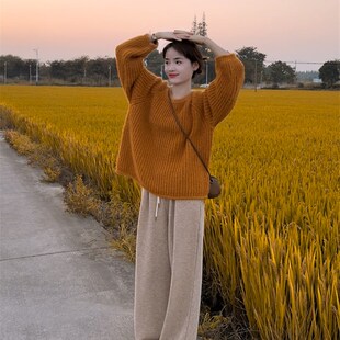 慵懒风卷边粗毛线毛衣2023秋冬新款女宽松L显瘦韩版圆领上衣针织