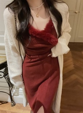 贰羊设计法式复古红色c位裙长袖针织吊带连衣裙R收腰显瘦v领针织