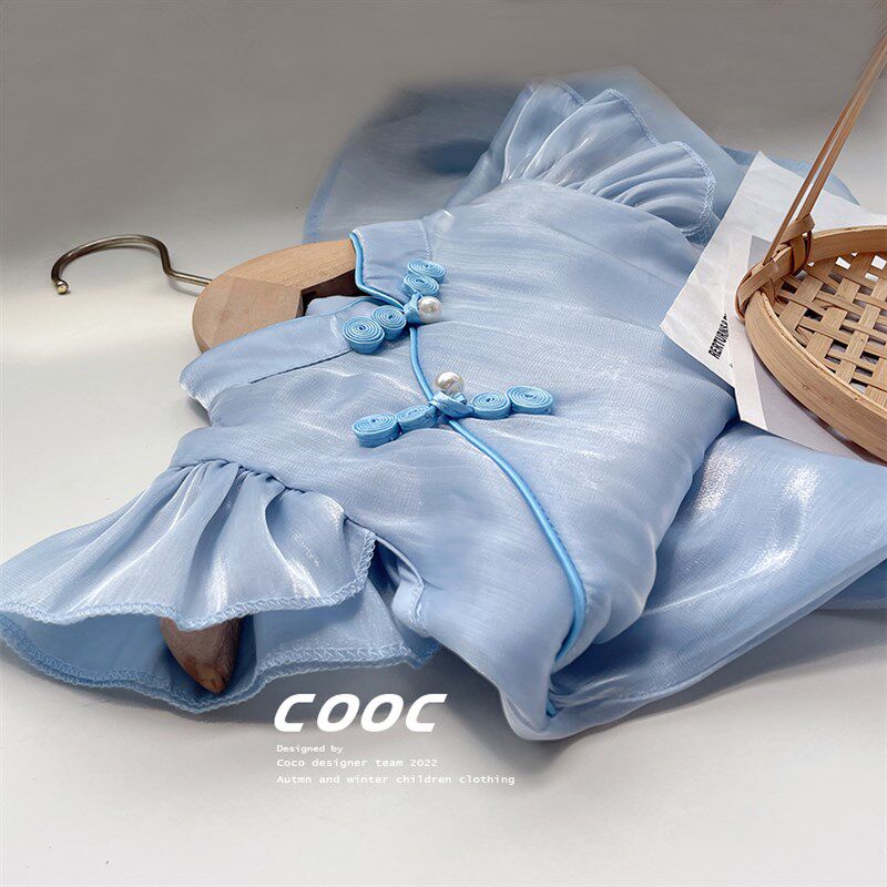 2023夏季新款女童蓝色飞袖旗袍改良中国风连衣裙洋气小女孩公主裙