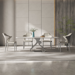 意式 灰色极简岩板餐桌设计师款 简约别墅家用长方形侘寂风饭桌椅