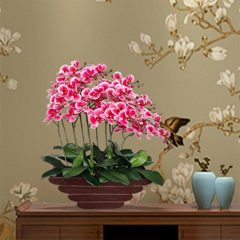 和家仿真蝴蝶兰红木船盆栽摆件客厅玄关高档酒店装饰花一帆风顺