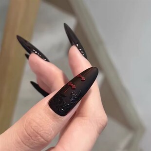 国风美甲黑色D盘扣手绘玫瑰高级质感穿戴甲 新中式 暗花旗袍