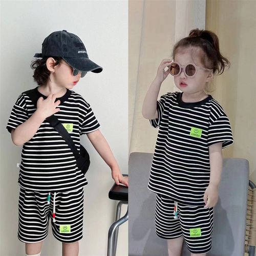 儿童夏季b洋气条纹休闲时尚套装夏季潮新款韩版宝宝短袖短裤两件