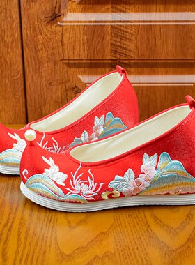 锦袍仙古风汉服鞋子女增高翘头绣C花鞋黑色古装名族风配马面裙的