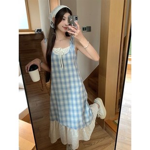 超好看显瘦假两件拼接红格纹吊带裙女夏2I025新款 宽松小个子连衣