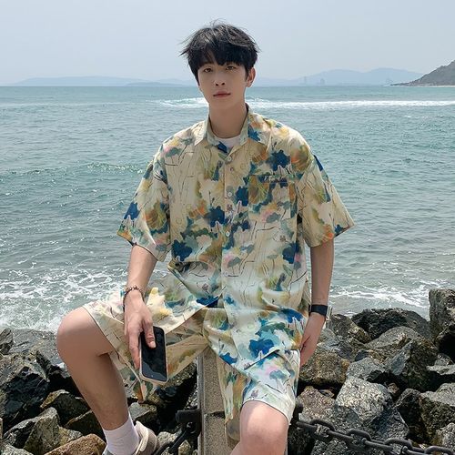 夏威夷夏季度假衬衫套装休闲三亚海边宽松衬衣沙滩V短袖短裤两件