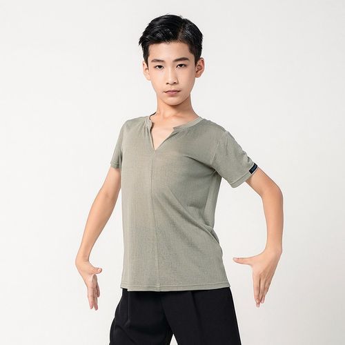 男孩子拉丁舞练功j服上衣夏季短袖宽松透气V领专业儿童男舞蹈T恤