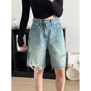 新款 夏季 宽松短A裤 设计感毛边直筒裤 中 破洞牛仔裤 子五分裤 女大码