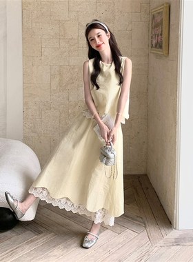 黄色蕾丝拼接背心套装裙女2025夏季新款L无袖上衣高腰半身裙两件