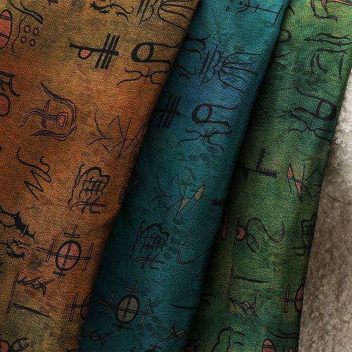 重磅山红云纱甲骨文印花面料 旗袍汉服连衣裙服装面U料 印花布零