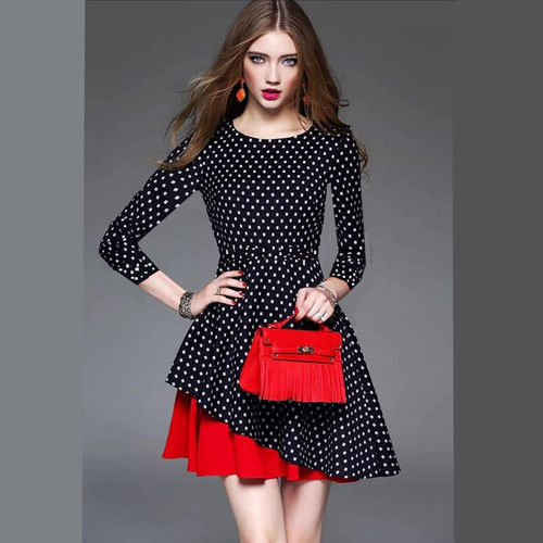 春秋女波点拼接拉丁舞蹈服专业标准比赛演出N服显瘦大摆练功连衣