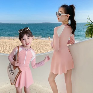 拉链防晒休闲运动T甜美女童女孩泳 长袖 新款 亲子泳衣母女连体裙式