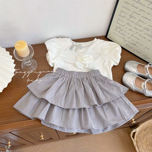 韩版时尚夏款儿童灰色蓬蓬裙裤纯色百搭少女洋气女U童宝宝公主裙