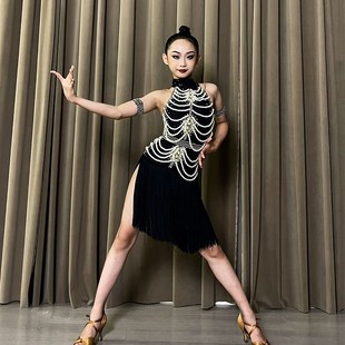 2024新款 表演花服连衣裙黑池艺考黑色流 高级专n业拉丁舞比赛服装
