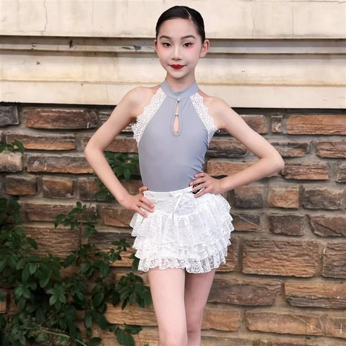 2025夏新e款拉丁舞服女童挂脖吊带蕾丝上衣蛋糕套装大摆裙演出服