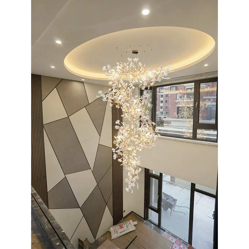 复式楼大吊灯loft楼梯灯轻奢别墅挑空跃层客厅大堂售楼部银杏叶灯