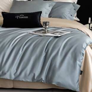 四季款全棉40支贡缎长绒棉纽扣款四件套北欧简约纯色双拼撞色床笠