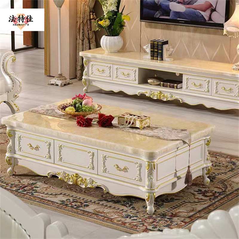 欧式大理石电视柜实木雕花茶几组合美式客厅法式橡木家具边柜地柜