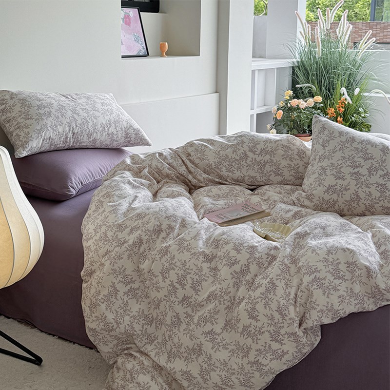 新款A类四季双层纱全棉被套单件1米5田园被罩紫色碎花三件套