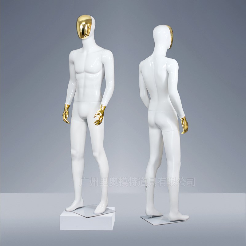 高级服装展示道具 金色电镀脸男模特亮白韩版玻璃钢模特展示架