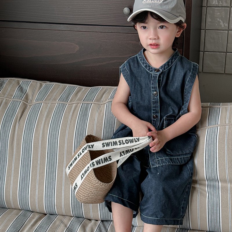 暮晨家新款夏装2024男童纯色牛仔马甲中小童薄款宽松中裤两件套装