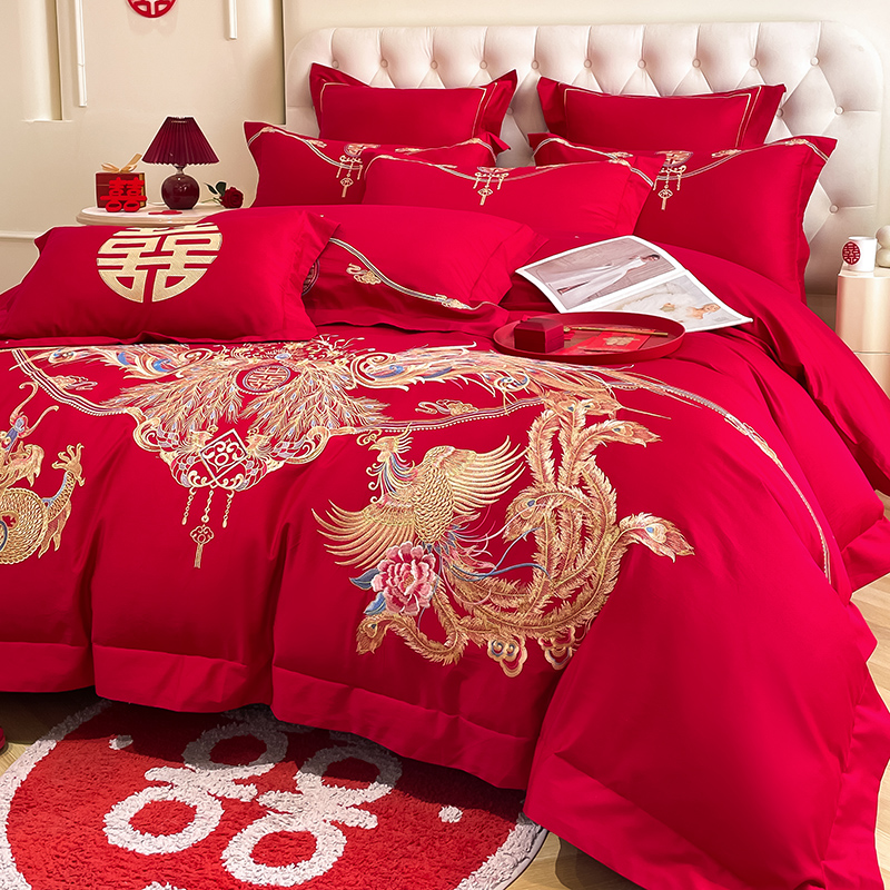 高档重工刺绣结婚四件套大红色被套纯棉全棉婚庆床上用品婚房喜被
