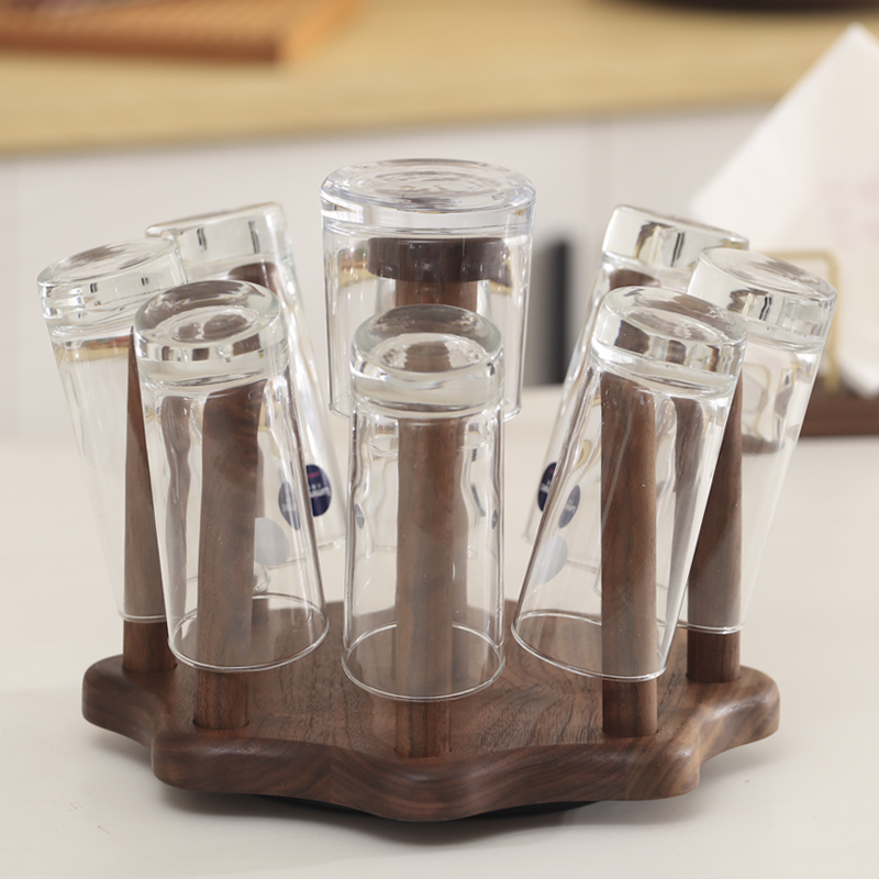 实木杯子架黑胡桃木收纳架挂架沥水架家用桌面置物架水杯旋转杯架