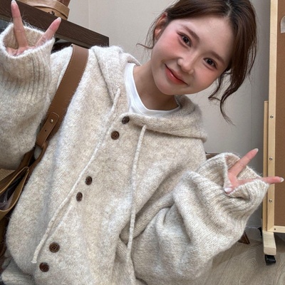 连帽毛衣开衫外套女秋冬季加厚韩系穿搭宽松慵懒风针织衫软糯上衣