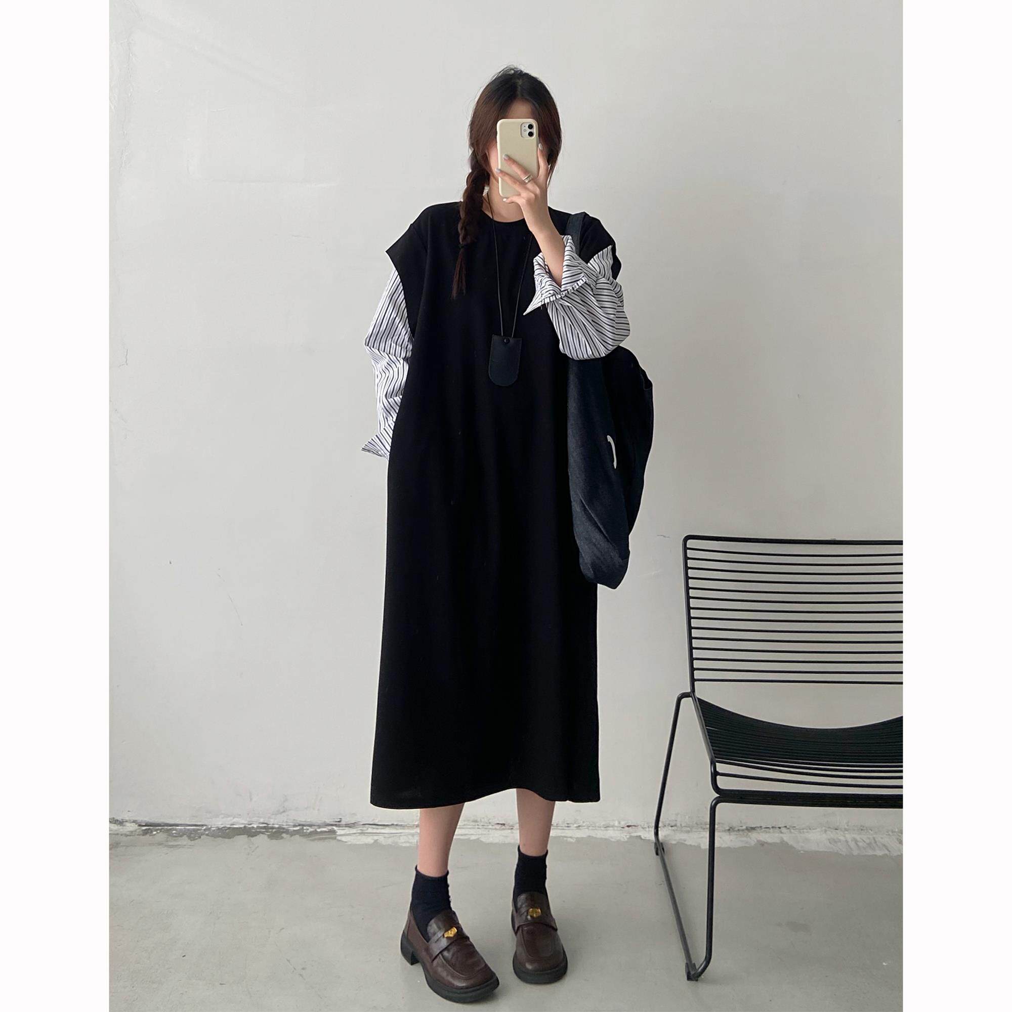 设计感假两件连衣裙女2025秋冬新款拼接大码女装胖mm小众卫衣长裙