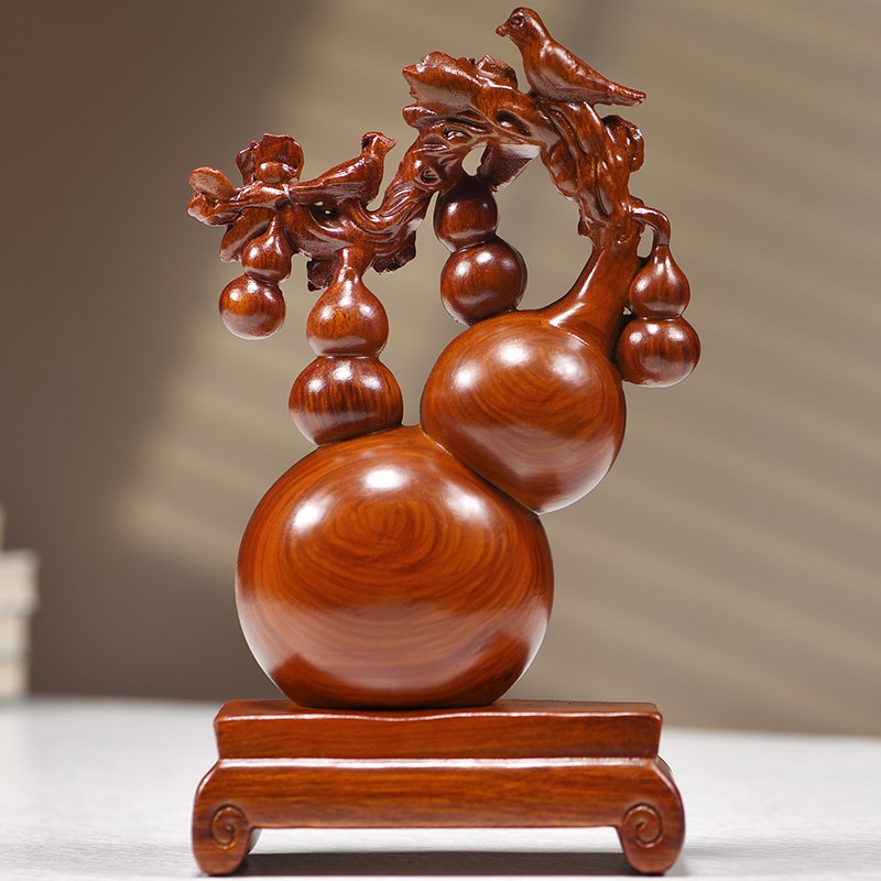 花梨木雕刻五福临门福葫芦摆件实木喜鹊登梅工艺品送长辈贺寿礼品