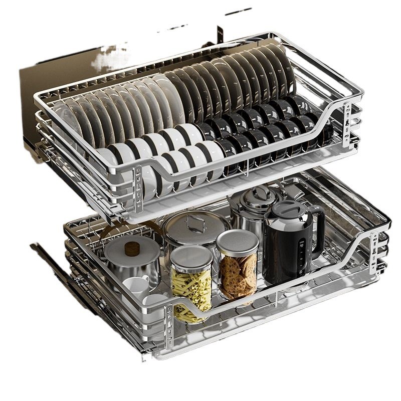 厨房拉篮橱柜304不锈钢双层抽屉式碗篮架收纳调味篮抽拉式碗碟架