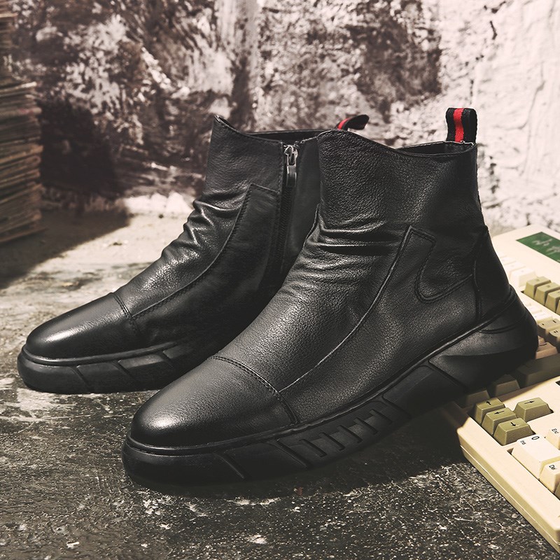 全黑色高帮皮鞋男马丁靴男士厨师鞋秋冬季休闲大码男鞋46 47 48